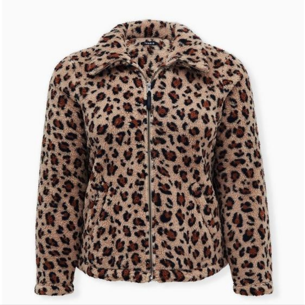 Torrid Leopard Print Sherpa Teddy Zip Up Jacket - Size 2 - EUC